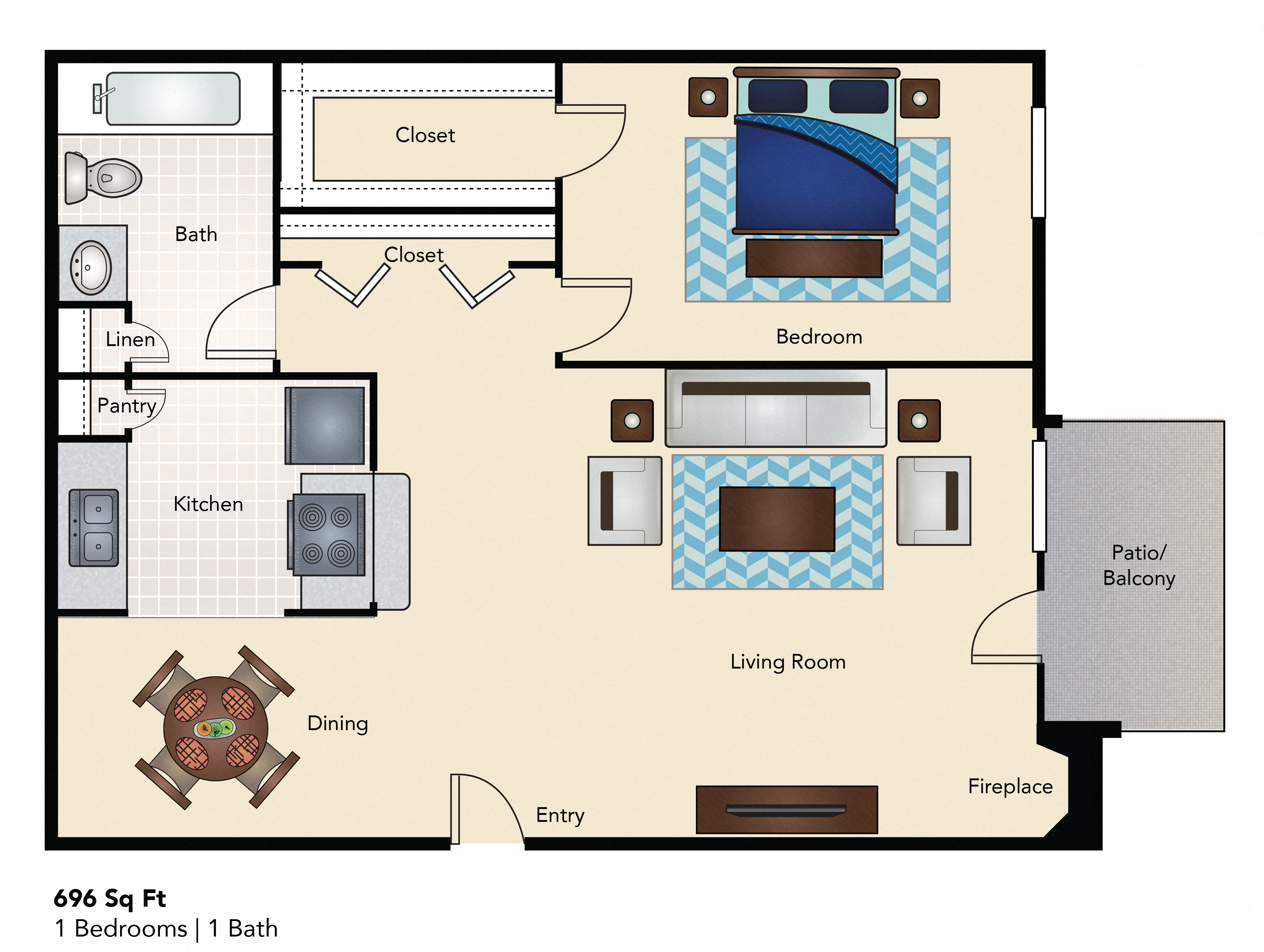 Floor plan for 1 bed, 1 bath, 696 sqft